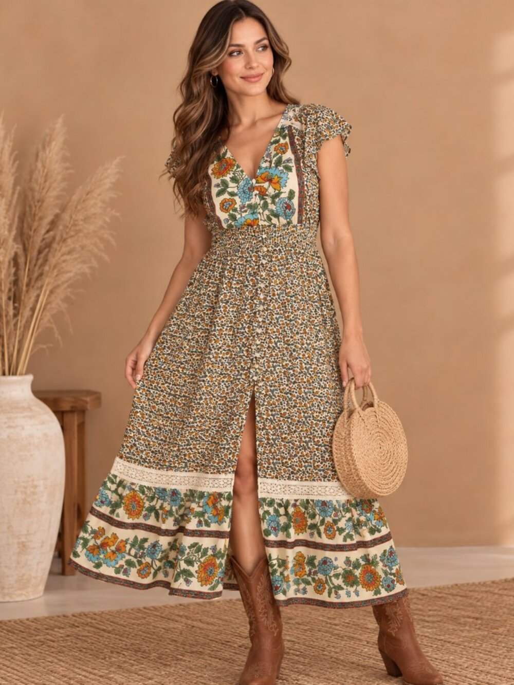 Boho Embroidered Drop Waist Tiered Dress